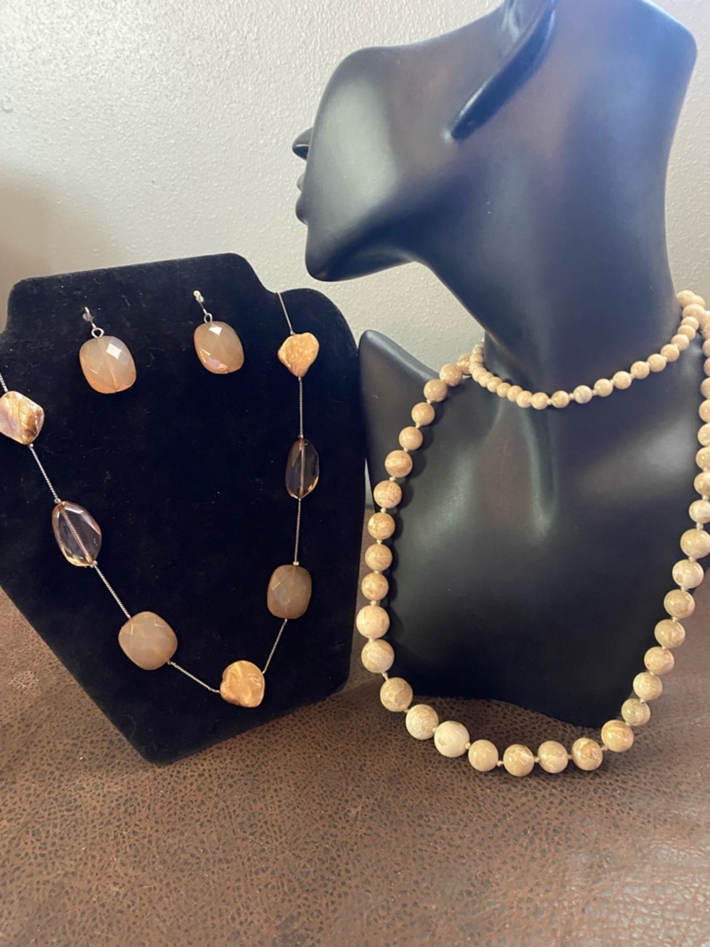 Fossil Jasper Cream Beaded Necklace & 34” long peach station necklace, earrings